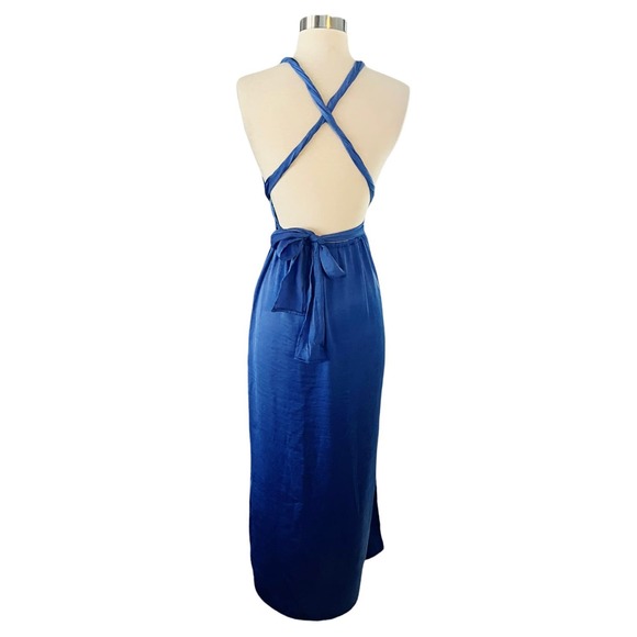 T. ZOVICH Blue Maxi Dress Satin Halter Ties Multiway Lightweight Ties Small NWT - Picture 8 of 12